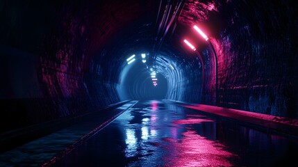 Obraz premium Neon Lit Tunnel Reflecting In Wet Pavement