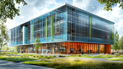 Obraz premium Modern Glass Building Architectural Design: Eco-Friendly Commercial Structure