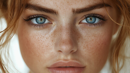 Fototapeta premium Freckled model's face in close-up with natural makeup