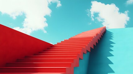 Red stairs ascending towards a blue sky with clouds