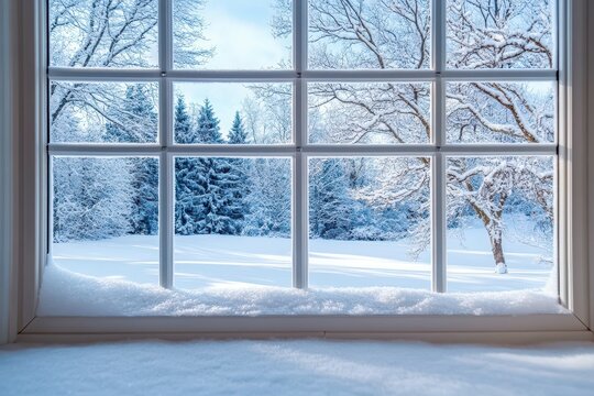 Fototapeta Winter landscape view through a snow-covered window with frosty trees and peaceful scenery outside