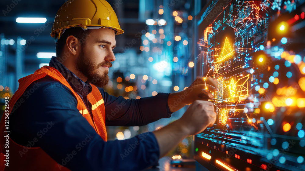 Poster innovative engineer working on advanced technology interface, wearing safety gear and hard hat, focu