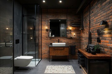 Fototapeta premium Industrial style bathroom with brick walls, modern fixtures, and warm lighting in a contemporary home