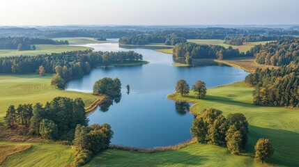 Fototapeta premium Serene River Bend in a Verdant Countryside - A Tranquil Scene of Nature's Beauty and Peace.