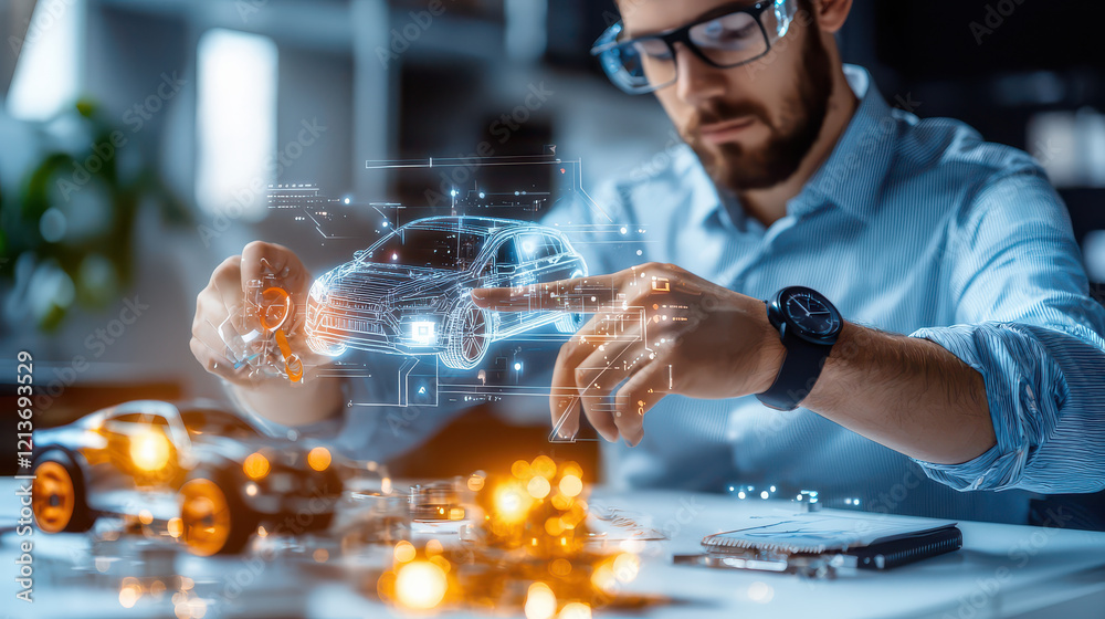 Poster designer analyzing automotive dynamics and smart technology, using digital tools to visualize car models and engineering concepts. workspace is filled with miniature cars and technical drawings