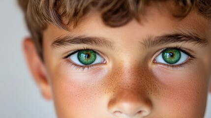 Obraz premium Emerald Gaze: Close-up portrait of a boy's face, focusing on his captivating bright green eyes. The image conveys innocence, curiosity, and a sense of wonder. 