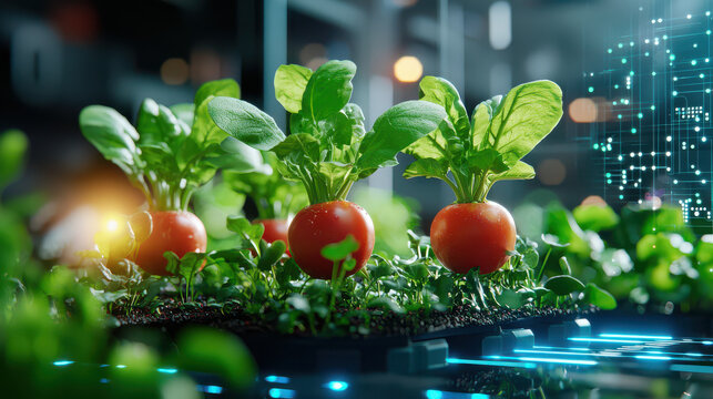 Vibrant vegetables growing in modern hydroponic garden, showcasing fresh tomatoes and leafy greens. scene highlights innovation in sustainable agriculture and technology