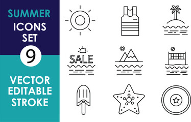 Fototapeta premium A collection of 9 minimalist summer-themed icons featuring a sun, tank top, palm tree, 