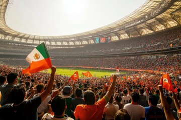 Crowd of passionate fans waving flags in a vibrant stadium during a thrilling soccer match in Mexico City on a sunny day