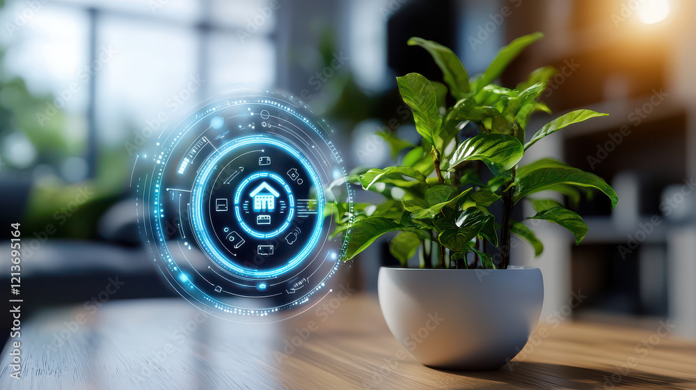 Fototapete digital assistant displaying real time data on smart plant in modern home setting. vibrant greenery contrasts with high tech interface, creating harmonious blend of nature and technology