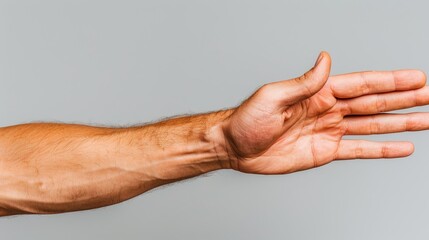 Fototapeta premium A human male hand extends outwards, showcasing the natural details and skin tone against a neutral gray background.