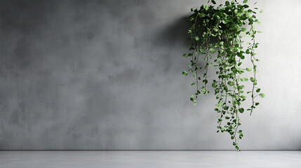 A plain, gray wall with a single, hanging plant, its greenery a contrast.