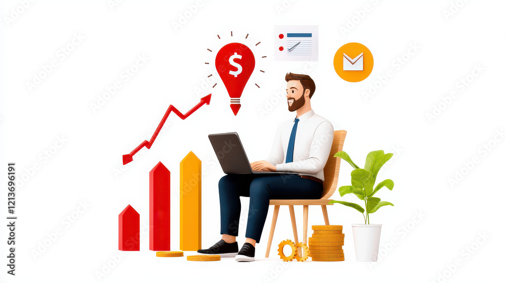 Leinwandbilder digital illustration of entrepreneur using laptop, analyzing financial data with graphs and charts, 