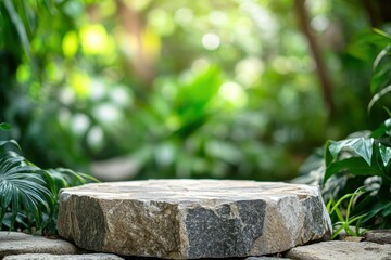 Stone platform in lush garden, bokeh background, product display