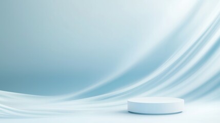 A transparent podium suspended above rippling water, complemented by a circular glow of light and soft blue tones, evoking serenity and elegance.