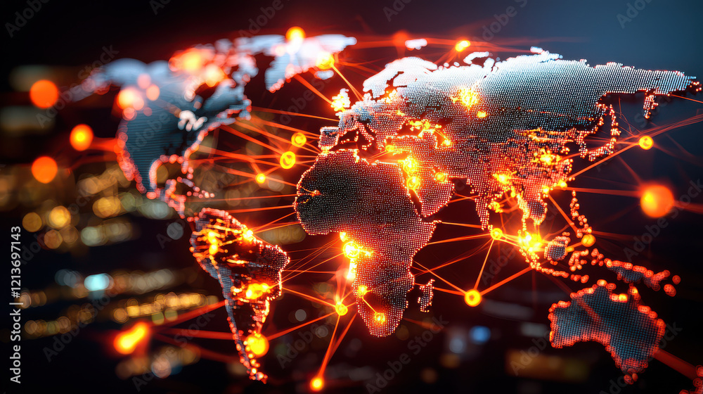 Poster digital representation of global network with interconnected nodes, symbolizing cybersecurity and data analysis. vibrant orange lights highlight connections across continents