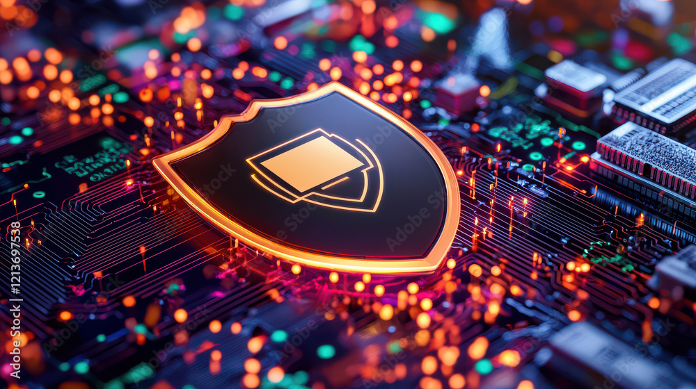 Aufkleber digital shield icon overlayed on glowing global network, symbolizing cybersecurity and protection. vibrant colors and intricate circuitry evoke sense of advanced technology and security