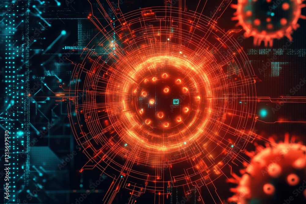 Poster visual representation of virus structure intertwined with digital elements and data in a futuristic 