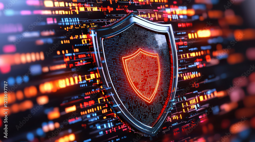 Poster digital shield icon symbolizes protection of sensitive data, showcasing modern design with vibrant colors and tech inspired background