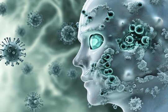 Human-like figure interacting with microscopic viruses in a digital landscape during a scientific visualization - Powered by Adobe