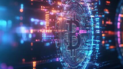 Fototapeta premium Glowing Bitcoin network data stream, digital finance, future tech