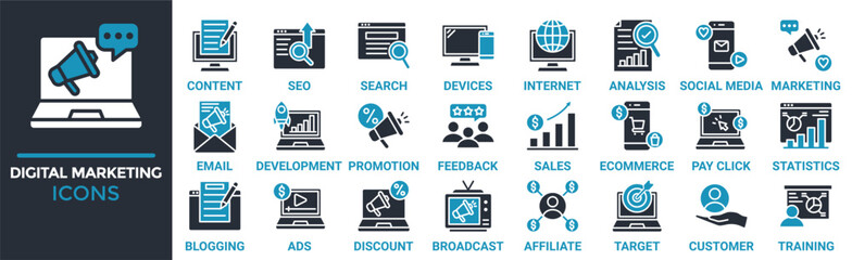 Digital marketing icon set. Containing content, seo, search, devices, internet, analysis, social media, marketing and more. Solid vector icons collection