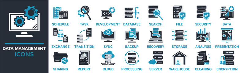 Data management icon set. Containing schedule, task, development, database, search, file, security, data and more. Solid vector icons collection