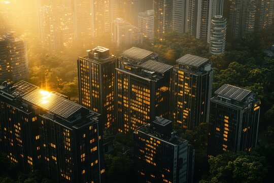 Modern urban buildings with solar panels glowing in sunset light amidst greenery - Powered by Adobe