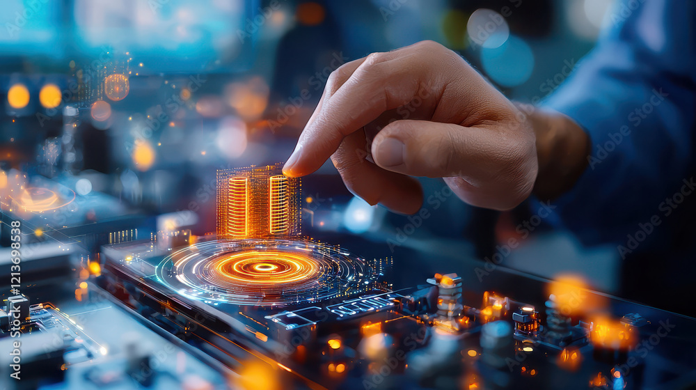 Poster Futuristic engineering lab with heat transfer models and advanced technology, showcasing hand interacting with digital elements on circuit board, creating sense of innovation and precision