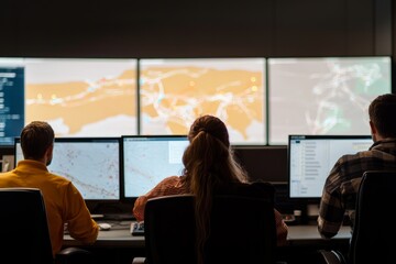 A global supply chain control room with maps displaying real-time transportation routes. Operators, Generative AI 