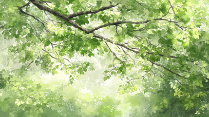 Lush green tree branches with sunlight filtering through