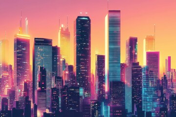 Obraz premium Skyline view of a vibrant cityscape at twilight with colorful lights illuminating the buildings