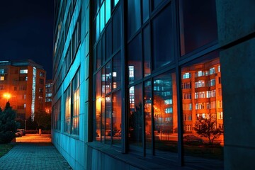 Fototapeta premium Nighttime urban landscape reflects colorful lights in a modern building's windows