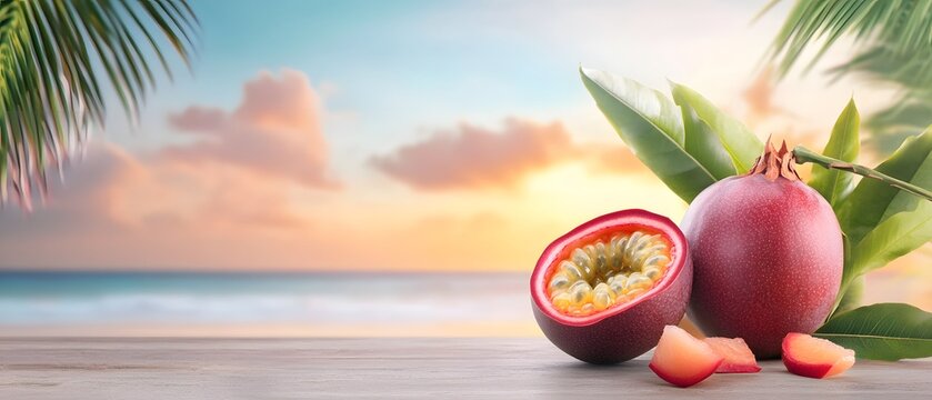 Dramatic sunset over passion fruit landscape tropical beach food photography natural environment vibrant viewpoint exotic concept