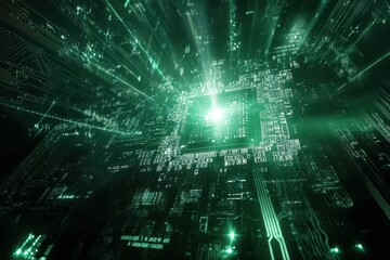 Obraz premium Intricate digital circuit board illuminated by vibrant green light rays showcasing advanced technology