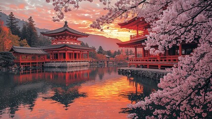 Fototapeta premium Sunrise Pagoda Reflection, Cherry Blossoms, Japan.