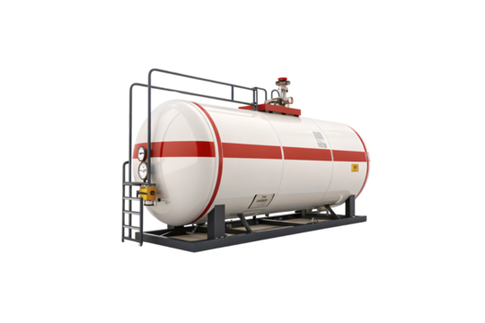 A horizontal cylindrical storage tank with a red stripe, built with durable materials, valves, gauges, and a safety ladder for industrial use. Isolated on a transparent background