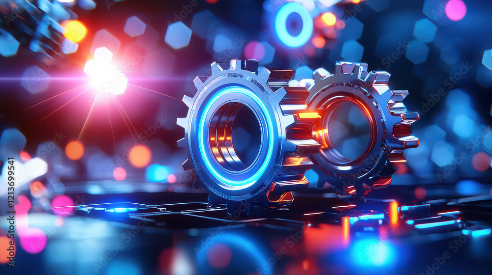 Poster futuristic mechanical system with gears, precision, and vibrant colors. image showcases intricate de