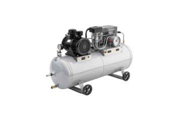 A larger air compressor with a horizontal tank, dual motors, pressure regulator, and wheels for portability, suitable for industrial applications. Isolated on a transparent background