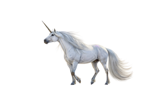 A majestic white unicorn with a flowing mane and tail, standing elegantly, showcasing its single spiral horn and powerful yet graceful build. Isolated on a transparent background