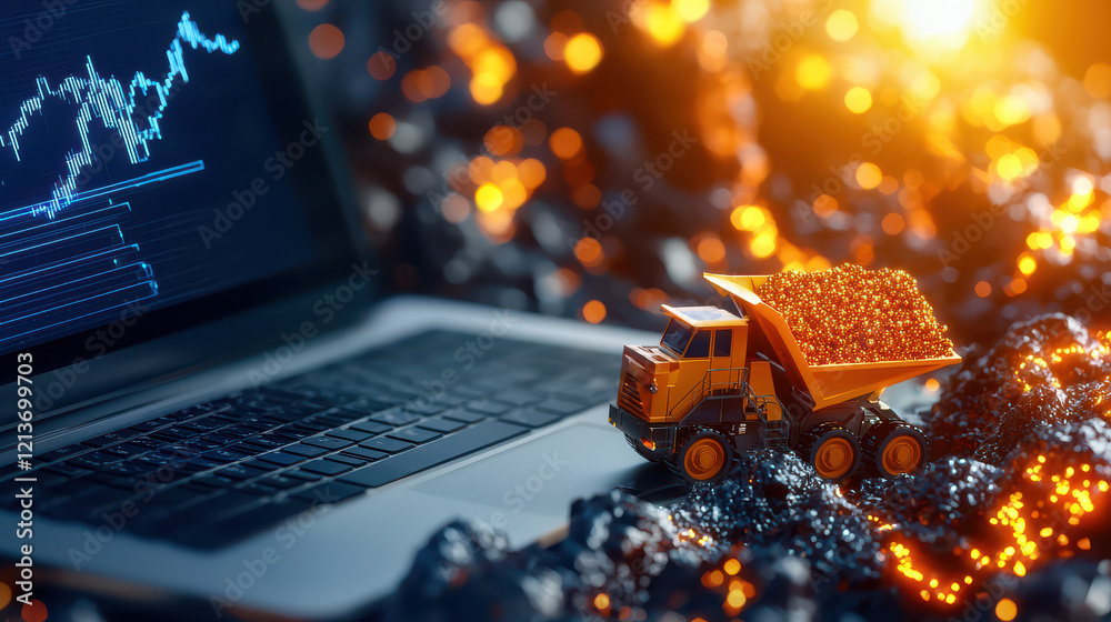 Poster miniature dump truck loaded with orange minerals sits next to laptop displaying mining data, symbolizing fusion of technology and mining
