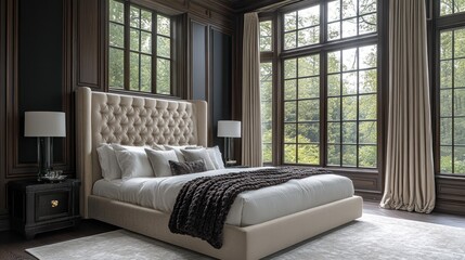 Luxurious bedroom, window view, interior design, home staging