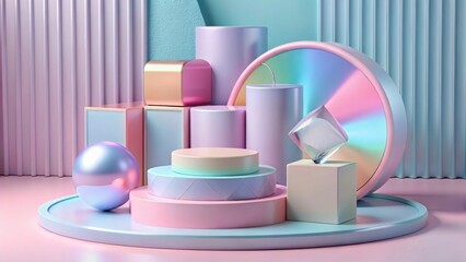 Colorful Abstract Display with Geometric Shapes in Pastel Tones