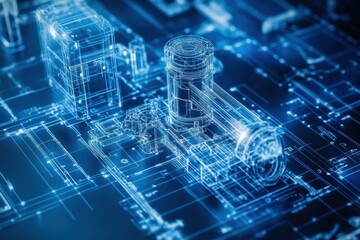 Detailed view of a digital blueprint showcasing a mechanical component design with vibrant blue lines and intricate details