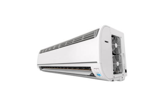 A side view of a split air conditioner with a dual-fan system visible on the side, emphasizing advanced airflow and cooling capabilities. Isolated on a transparent background