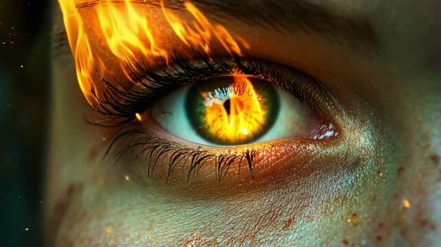 An up-close view of someone's eye with lashes being licked by flames