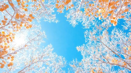 Frosty autumn trees against a bright blue sky, winter landscape, nature background, ideal for calendar or phone wallpaper