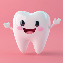 Naklejka premium cheerful cartoon tooth character with big smile and raised arms, set against pink background, promotes dental health and happiness