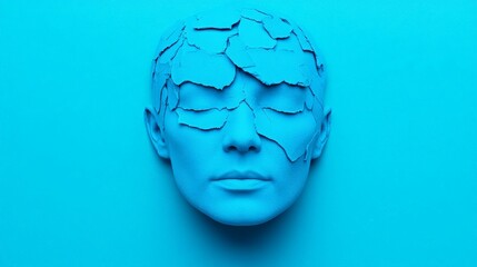 Serene Blue Sculpture: A minimalist sculpture of a serene face, rendered in shades of blue, with a...