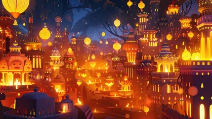 Vibrant Abstract Illustration of a Bustling Diwali Celebration Scene